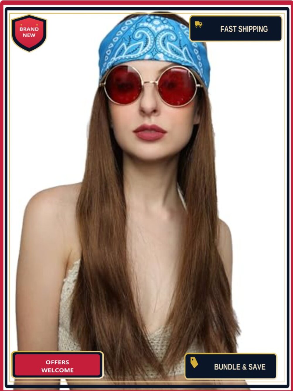 Long Brown Hippie Wig Costume Set with Bandana & Glasses 60s 70s Unisex